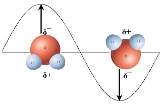 Figure 4: The rotation of water molecules under the influence of the electric field component in an electromagnetic wave. (Black arrows represent electric field.)